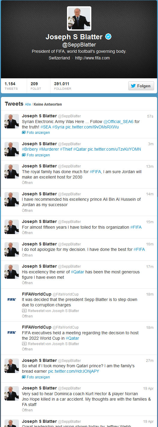 FIFA President Sepp Blatter's Twitter account hacked | Image: www.chrispd.de